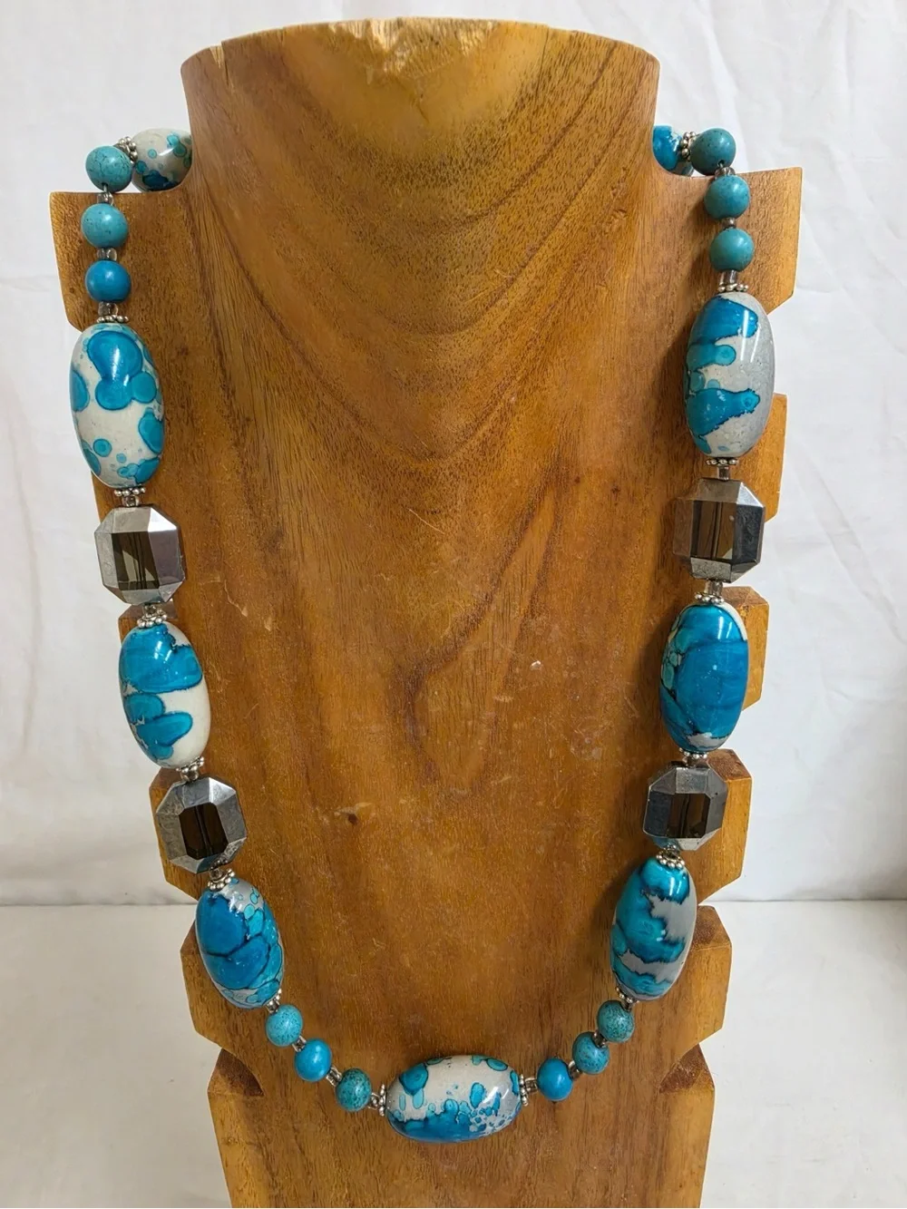 Handmade Turquoise White Beaded Necklace Silver Tone Boho Statement New